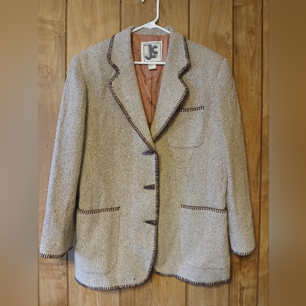 Vintage Tweed Blazer Wool Blend Blanket Stitching Womens size Large